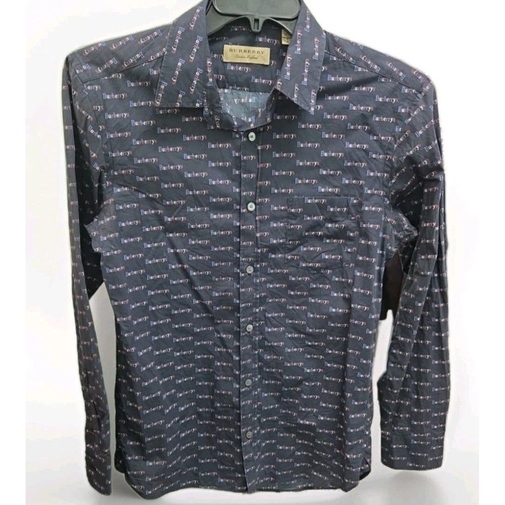 Burberry London England Mens All Over Logo Print Button Down Shirt Navy Small